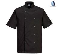 PORTWEST C733 Veste De Chef Manches Courtes Cumbria Noir & Blanc Col Mandarin