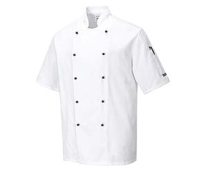 Portwest C734 Veste Cuisine Kent Manches Sergé Résistant Unisexe | Blanc, 2XL, Fermeture Frontale Réversible, Col Mao, Cinq Rangées De Boutons Pression Interchangeables, Lavable À 60°C