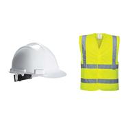 Portwest Casque de sécurité Expertbase, Couleur: Blanc, PW50WHR & Gilet Hi-Vis Baudrier & Double Ceinture, Couleur: Jaune, Taille: XX/3X, C470YERXX/3X