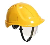 Portwest PW54 Endurance Plus Casque de Chantier à Visière Rétractable Casque de Sécurité Électricien Coque ABS Non Ventilée Harnais 6 Points Visière de Protection Isolation Électrique BTP, Jaune