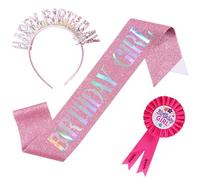 PORUPAEL Ensemble de fête d'anniversaire pour fille - Badge rosace fuchsia, écharpe rose irisée et bandeau pailleté, kit complet d'accessoires de fête pour filles et femmes