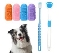 PORUPAEL Lot de 6 brosses à dents pour chien - 4 brosses à dents à doigts, brosse à poils rotatifs et nettoyeur de langue pour soins dentaires canins complets