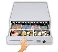 POS VALLEY Tiroir-caisse en Fer - Caisse Tirelire Noire Tickets, Billets & Pièces (euro) - 5 Bacs Réglables Pièces, 4 Compartiments Billets, Une Fente Chèques - Ouverture Manuelle Avec Clés - 33x37cm