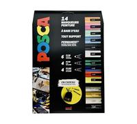 POSCA, 14 Marqueurs peinture base eau + Pochon - Tout Support | Uni Mitsubishi Pencil - PC1MC PC3M PC5M - 12 Couleurs couvrantes, permanentes sur surfaces poreuses