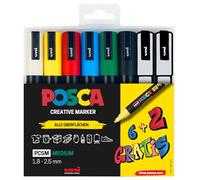 uni-ball 186826 - POSCA Marker Set, étui de 8 stylos acryliques PC-5M, 1.8 - 2.5 mm, 6 couleurs standard + 2 couleurs spéciales changeantes