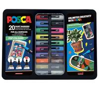 POSCA 186832 - Set de marqueurs, 20 stylos acryliques dans un étui, set de marqueurs Pop Colours, pointe PWE5M 1,8-2,5 mm