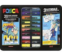 POSCA 186833 - Set de marqueurs Manga Hero, 20 crayons acryliques avec tutoriels, poster et autocollants, PC-1M, PC-3M, PC-5M