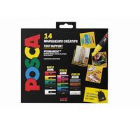 POSCA Coffret 14 Marqueurs Peinture PC-5M Pointe Moyenne - Couleurs Assorties Opaques - Marqueur Permanent à Base d’Eau pour Papier, Bois, Verre, Textile et DIY - pochon offert