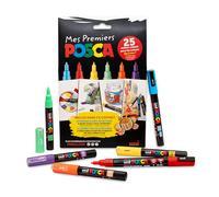 POSCA - Uni Mitsubishi Pencil - Coffret Mes Premiers 6 Marqueurs Peinture, Base Eau - 4 PCM1C Pointe Extra Fine, 2 PC3M Pointe Fine, 1 Livret de 25 Ateliers Créatifs - Emballage Zéro Plastique