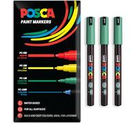Posca Lot de 3 marqueurs à peinture acrylique à base d'eau | Stylo de peinture permanente multi-surfaces | Emballage cadeau | Verre, tissu, toile, bois, etc. | PC-1MR, vert