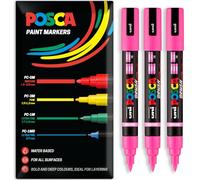 Posca Lot de 3 marqueurs de peinture acrylique à base d'eau | Stylo de peinture permanente multi-surfaces | Emballage cadeau | Verre, tissu, bois, etc. | Pointe pinceau PC-5BR, rose