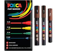 Posca Lot de 3 marqueurs de peinture acrylique à base d'eau | Stylo de peinture permanente multi-surfaces | Emballage cadeau | verre, tissu, toile, bois, etc. | PC-1M, PC-3M, PC-5M, marron