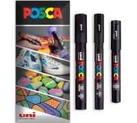 POSCA Lot de 3 marqueurs permanents à base d'eau multi-surfaces PC-1M, PC-3M, PC-5M, 3 stylos en portefeuille (noir)