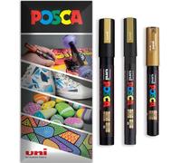 Posca Lot de 3 marqueurs permanents à base d'eau - Utilisation multi-surfaces - PC-1M, PC-3M, PC-5M - Lot de 3 stylos dans un étui (doré)