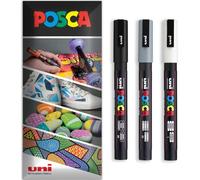 Posca Lot de 3 marqueurs permanents à base d'eau - Utilisation multi-surfaces - PC-3M - Pochette de 3 stylos dans un étui (noir, gris, blanc)
