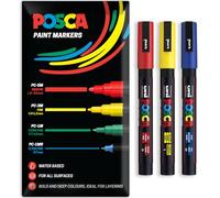 Posca Lot de 3 marqueurs permanents à base d'eau - Utilisation multi-surfaces - PC-3M - Pochette de 3 stylos (rouge, jaune, bleu)