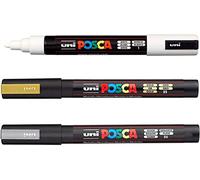 Posca Lot de 3 marqueurs permanents à base d'eau - Utilisation multi-surfaces - PC-5M, 1,8-2,5 mm - Encre blanche, argentée et dorée