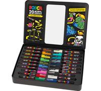 POSCA - Lot de marqueurs acryliques 20 couleurs avec mallette métallique | Marqueurs avec pointes PC-1MC, PC-3M et PC-5M pour presque toutes les surfaces