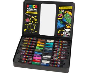 POSCA - Lot de marqueurs acryliques 20 couleurs avec mallette métallique | Marqueurs avec pointes PC-1MC, PC-3M et PC-5M pour presque toutes les surfaces