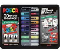 POSCA, Mallette Sticker Graffiti - 20 Marqueurs peinture base eau | Uni Mitsubishi Pencil - PC1MC PC3M PC5M + 3 Tutos et 3 Stickers Graffiti - Permanents sur surfaces poreuses - Tout support