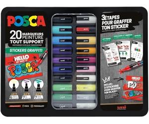 POSCA, Mallette Sticker Graffiti - 20 Marqueurs peinture base eau | Uni Mitsubishi Pencil - PC1MC PC3M PC5M + 3 Tutos et 3 Stickers Graffiti - Permanents sur surfaces poreuses - Tout support