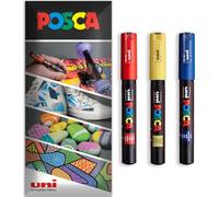 Posca - Marqueur permanent à base d'eau - Utilisation multi-surfaces - PC-1M - Lot de 3 stylos dans un étui - Rouge, jaune, bleu
