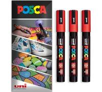 Posca - Marqueur permanent à base d'eau - Utilisation multi-surfaces - PC-5M - Lot de 3 stylos dans un étui (rouge)