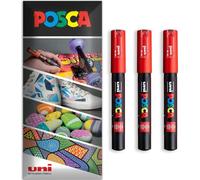 Posca Marqueurs permanents à base d'eau - Utilisation multi-surfaces - PC-1M - Lot de 3 stylos dans un étui (rouge)