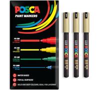 Posca Marqueurs permanents à base d'eau - Utilisation multi-surfaces - PC-1MR - Lot de 3 stylos dans un étui (doré)