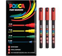 Posca Marqueurs permanents à base d'eau - Utilisation multi-surfaces - PC-1MR - Lot de 3 stylos dans un étui (rouge)