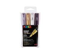 Posca Marqueurs PC1MC – Pointe conique extra-fine – Métalliques 4 pièces (Noir, Blanc, Argent, Or)