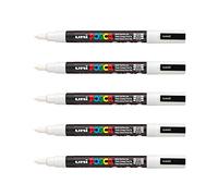 POSCA - Mitsubishi Pencil - 5 Marqueurs Blanc PC3M - Pointe Conique Fine - Marqueur Peinture à Base d'Eau - Tout Support - Pour Papier, Textile, Verre, Galet, Bois