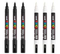 POSCA - Mitsubishi Pencil - Lot de 6 marqueurs PC-3M- 3 Blancs et 3 Noirs - Pointe Conique Moyenne - Marqueur Peinture à Base d'Eau - Tout Support - Pour Papier, Textile, Verre, Galet, Bois