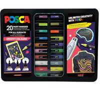 POSCA - Mitsubishi Pencil - Mallette Groovy Colours - Set 20 Marqueurs Acryliques Tout Support - avec Couleurs Pailletées Métallisées Fluo - Pointes Extra Fines, Fines et Moyennes