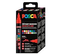 POSCA Mitsubishi Pencil - Pochette 16 Marqueurs PC5BR - Pointe Brush Moyenne, Semi-Flexible - Peinture à Base d'Eau - Tout Support - Couleurs Assorties