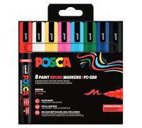 POSCA Mitsubishi Pencil - Pochette 8 Marqueurs PC5BR - Pointe Brush Moyenne, Semi-Flexible - Peinture à Base d'Eau - Tout Support - Couleurs Basiques