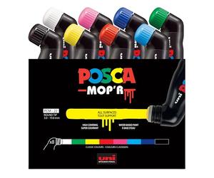 POSCA MOP'R, 8 Marqueurs peinture base eau - Tout Support - Assortis | Uni Mitsubishi Pencil - Pointe tampon ronde XXL 3-19mm. Créations XXL & coulures maîtrisées. Permanents sur surface poreuse