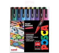 Posca PC-3M Lot de 16 marqueurs permanents à base d'eau pour peinture 0,9-1,3 mm - Spectre complet - dans une pochette cadeau en plastique
