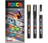 Posca - PC-3M - Lot de 3 marqueurs permanents à base d'eau - Utilisation multi-surfaces - PC-3M - Pochette de 3 stylos (or, blanc, argent)