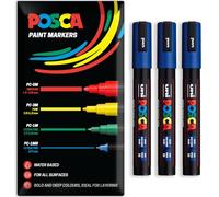 Posca PC-5M PC-5M Lot de 3 marqueurs de peinture acrylique à base d'eau permanent multi-surfaces dans un emballage cadeau enveloppant pour verre, tissu, toile, bois, etc. Bleu