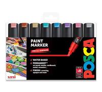 Posca PC-8K Lot de 8 marqueurs permanents à base d'eau Pointe biseautée 8 mm Étui en plastique Tons métalliques
