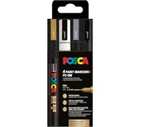 Posca Pochette 4 marqueurs PC3M – Pointe fine 0,9–1,3mm – Tout support – Noir/Blanc/Or/Argent