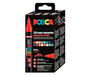 POSCA PC5BR, 16 Marqueurs peinture Brush base eau - Tout Support | Uni Mitsubishi Pencil - Pointe semi-flexible moyenne 1,0-4,0mm. Couleurs couvrantes, permanentes sur surfaces poreuses