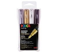 Posca Marqueurs PC1MC – Pointe conique extra-fine – Métalliques 4 pièces (Noir, Blanc, Argent, Or)