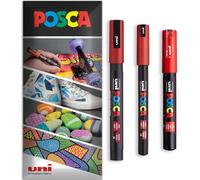 Posca - Stylo-peinture marqueur permanent à base d'eau - Utilisation sur plusieurs surfaces - PC-1MR, PC-1M, PC-3M - Lot de 3 stylos dans un étui (Rouge)