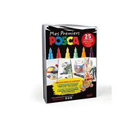 POSCA - Uni Mitsubishi Pencil - Coffret Mes Premiers 6 Marqueurs Peinture, Base Eau - 4 PCM1C Pointe Extra Fine, 2 PC3M Pointe Fine, 1 Livret de 25 Ateliers Créatifs - Emballage Zéro Plastique