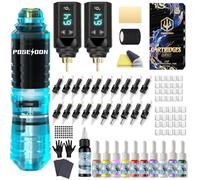 POSEIDON Kit de Machine à Tatouer Rotatif Sans Fil avec 20 Aiguilles de Cartouche de Tatouage, Ensemble d'Encres & 2 Batteries Rechargeables | Stylo de Tatouage Portable Professionnel pour Débutants |