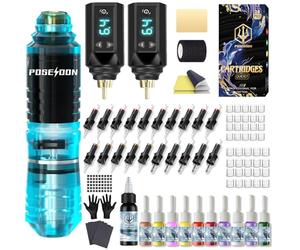 POSEIDON Kit de Machine à Tatouer Rotatif Sans Fil avec 20 Aiguilles de Cartouche de Tatouage, Ensemble d'Encres & 2 Batteries Rechargeables | Stylo de Tatouage Portable Professionnel pour Débutants |