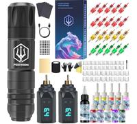 POSEIDON Kit de machine à tatouer rotative sans fil avec 20 aiguilles à cartouche de tatouage, ensemble d'encre et 2 piles rechargeables | Pistolet de tatouage portable professionnel pour débutants |