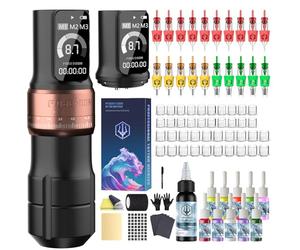 POSEIDON Kit de machine à tatouer rotative sans fil avec 20 aiguilles à cartouche de tatouage, ensemble d'encre et 2 piles rechargeables | Pistolet de tatouage portable professionnel pour débutants |